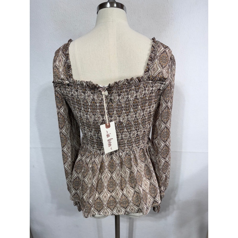 Women's Loom Smocked Peplum Blouse Boho Romantic Long Sleeve Size S New - Picture 9 of 9